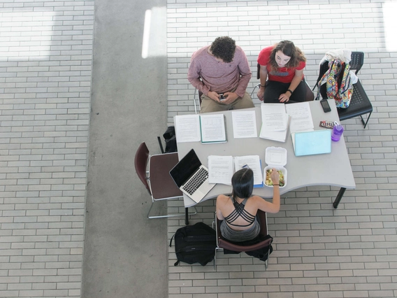 aerial view of students studying