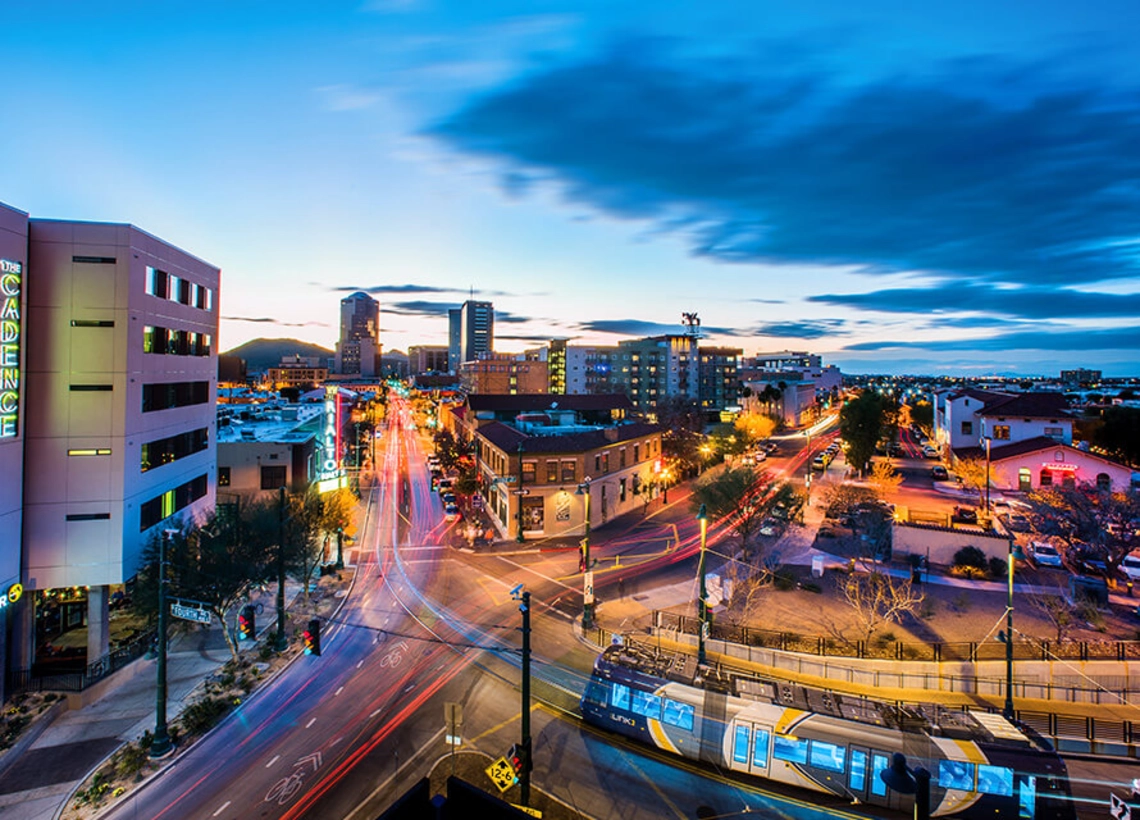 Afternoon view of the Tucson, Arizona skyline at sunset