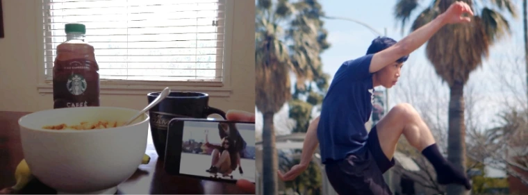 Left: Student eating breakfast watching youtube, Right: Student dancing